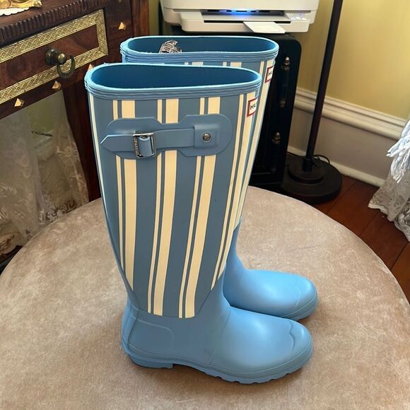 Hunter Shoes - Hunter *French Blue* Chic Stripe Knee Tall Rainboots EUC